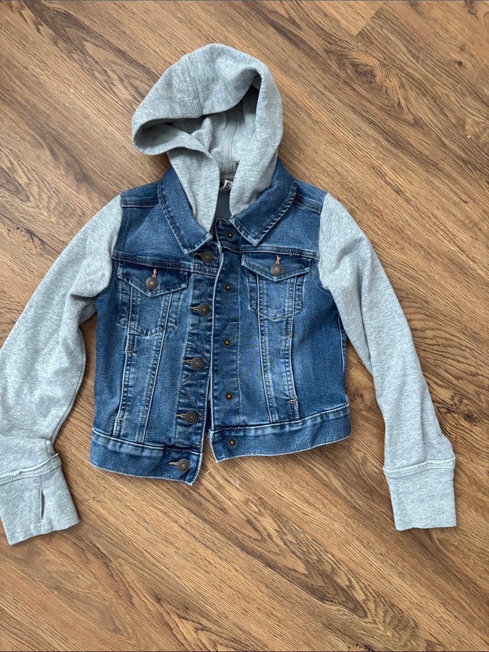 Girls' Blue Denim Jacket with Gray Hoodie Sleeves